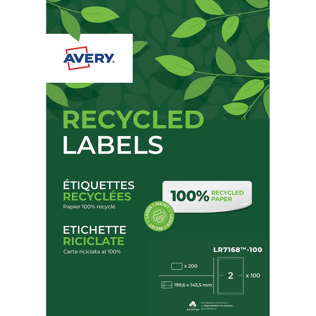 [LR7168-100] Etiket Avery LR7168 199.6x143.5 recycled wt 200st