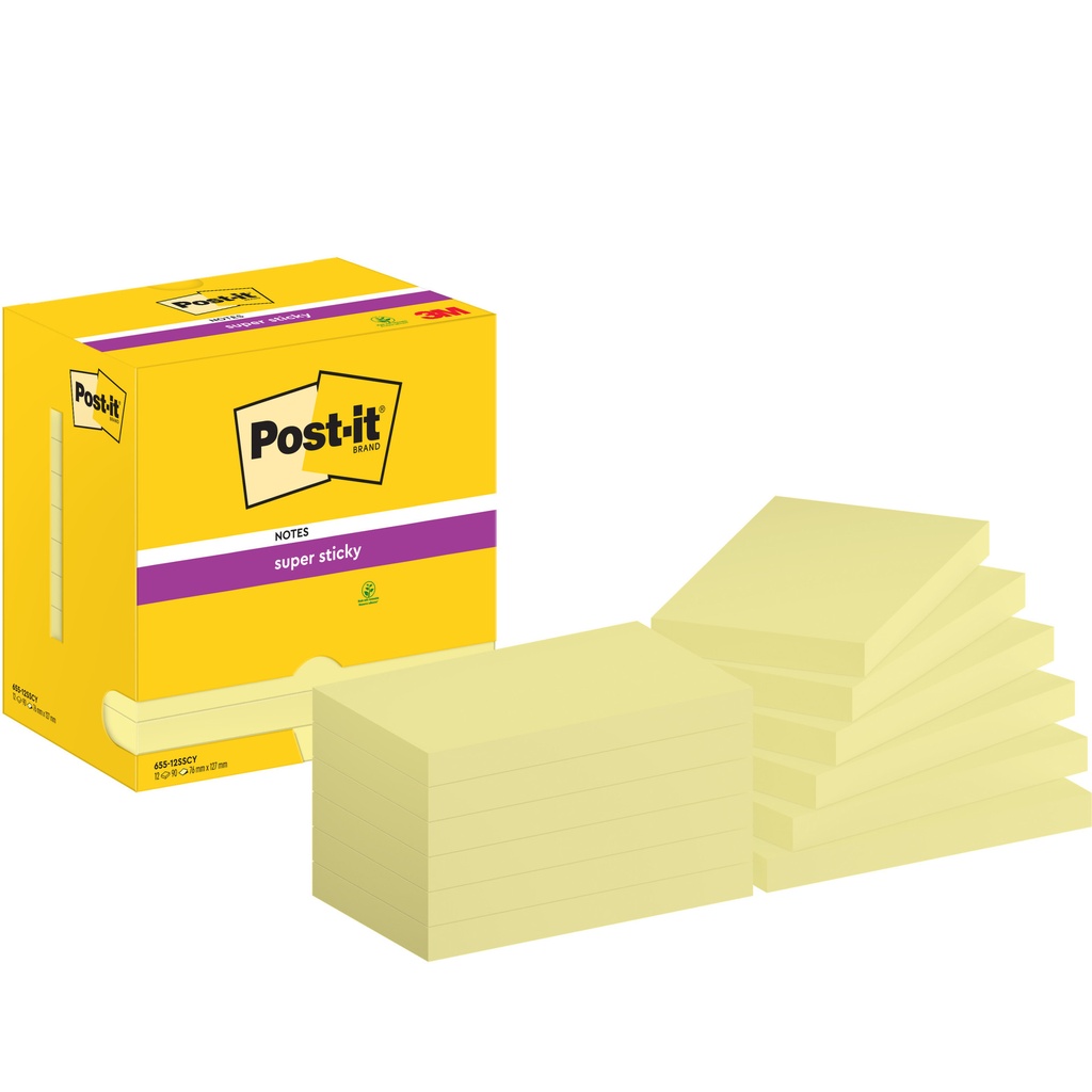 [7100290175] Memoblok Post-it 655 Super Sticky 76x127mm geel