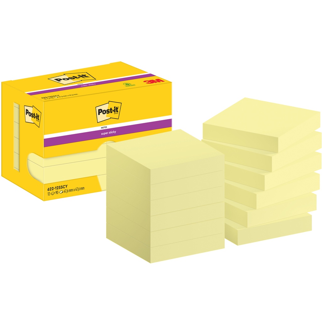 [7100290190] Memoblok Post-it 622 Super Sticky 47.6x47.6mm geel