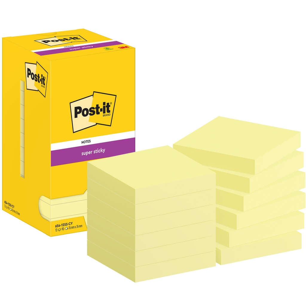 [7100290155] Memoblok Post-it 654 Super Sticky 76x76mm geel
