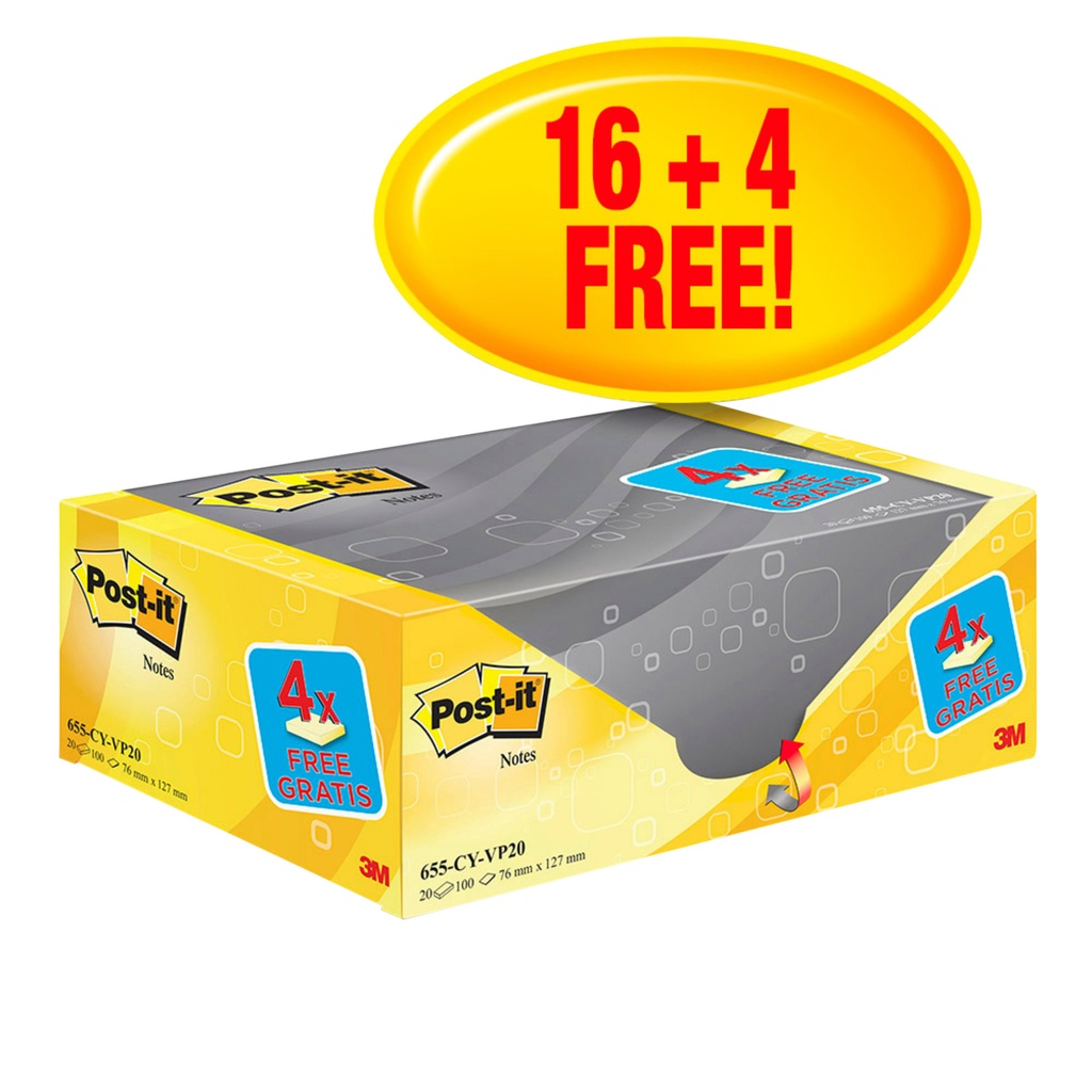 [655Y20] Memoblok 3M Post-it 655 76x127mm geel 16+4 gratis