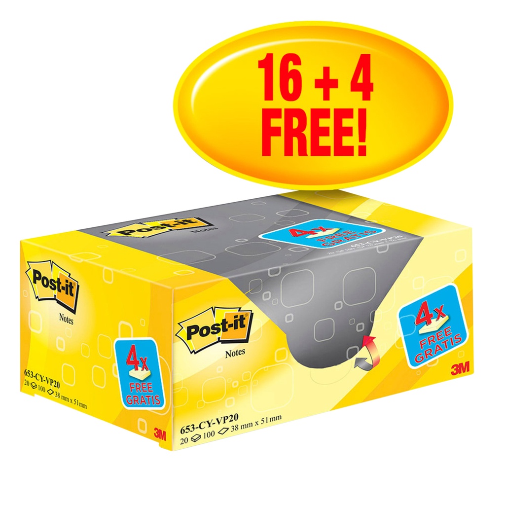 [653Y20] Memoblok 3M Post-it 653 38x51mm geel 16 + 4 gratis