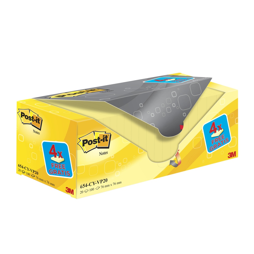[654Y20] Memoblok 3M Post-it 654 76x76mm geel 16 + 4 gratis