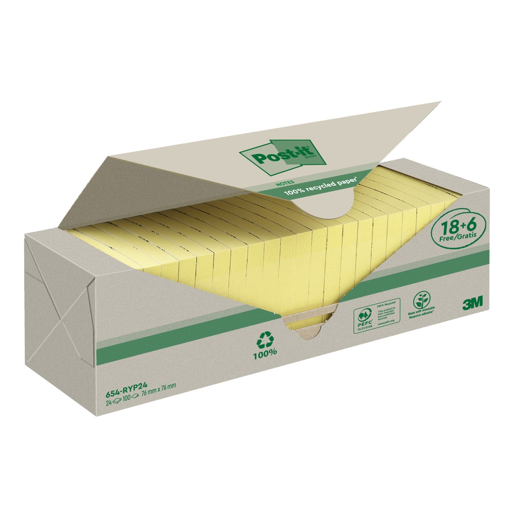 [654-RYP24] Memoblok 3M Post-it 654 76x76mm recycle geel 18+6