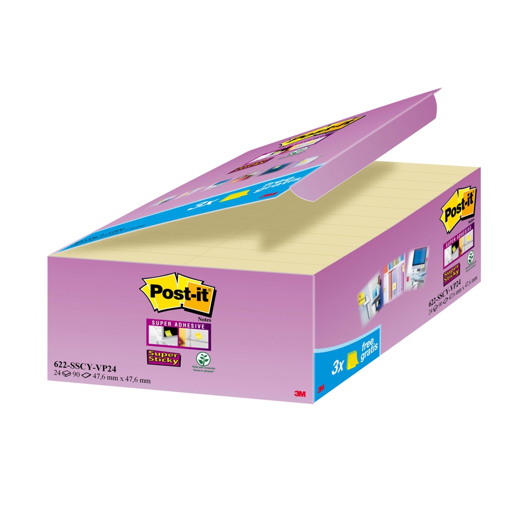 [622-P24] Memoblok 3M Post-it 622 SS 47.6x47.6mm geel 21+3
