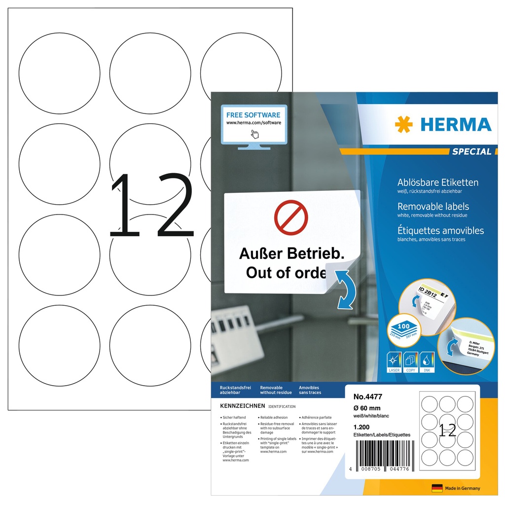 [4477] Etiket HERMA 4477 60mm verwijderbaar wit 1200st