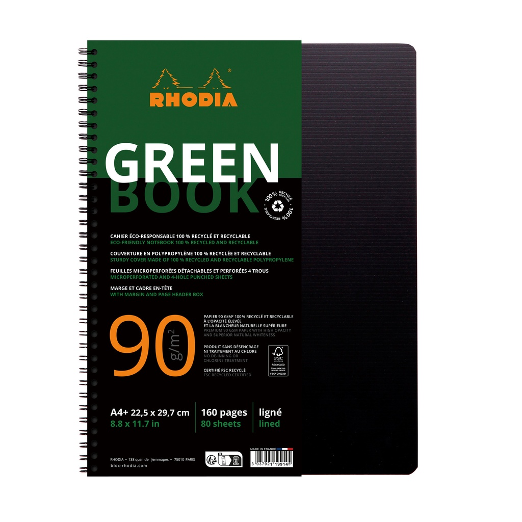 [119914C] Notbk Rhodia Greenbook A4+ lijn 4-g 180pag zwart