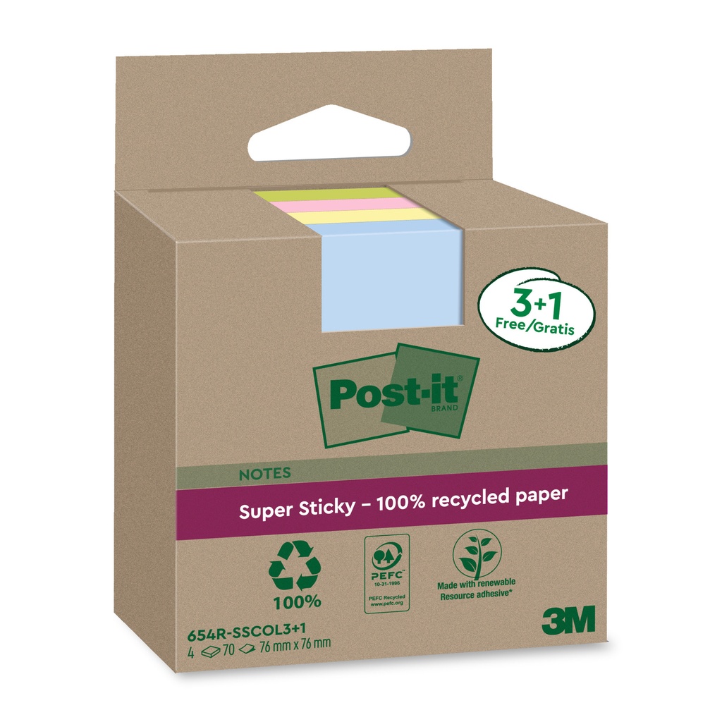 [654 RSSCOL 3+1F] Memoblok 3M Post-it 654 RSSCOL 76x76mm ass. kl 3+1