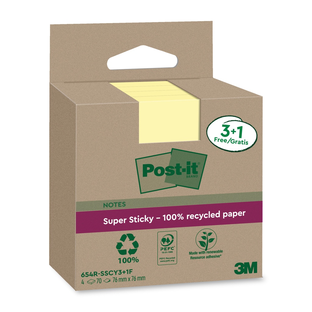 Memoblok 3M Post-it 654 RSSCOL 76x76mm geel 3+1