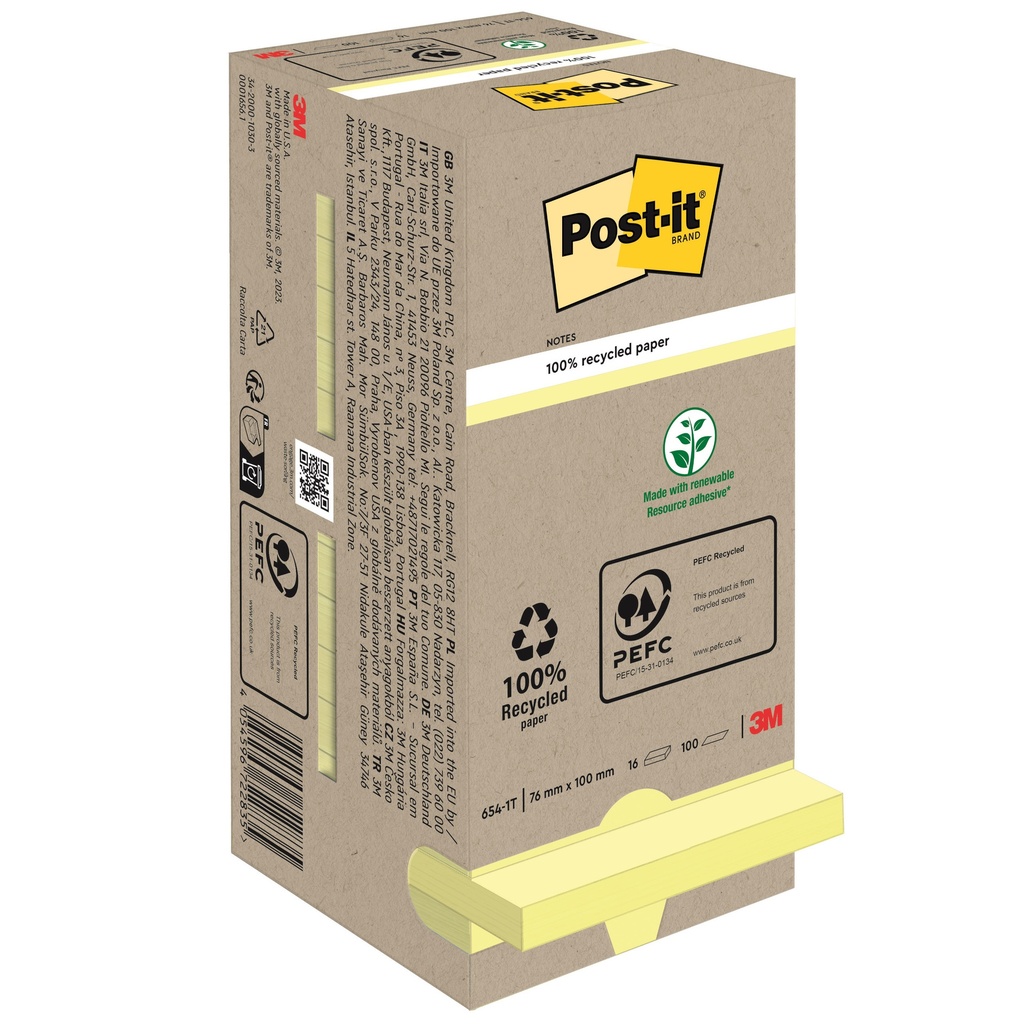 [654-1T] Memoblok Post-it 654 76x76mm recycled pastel geel