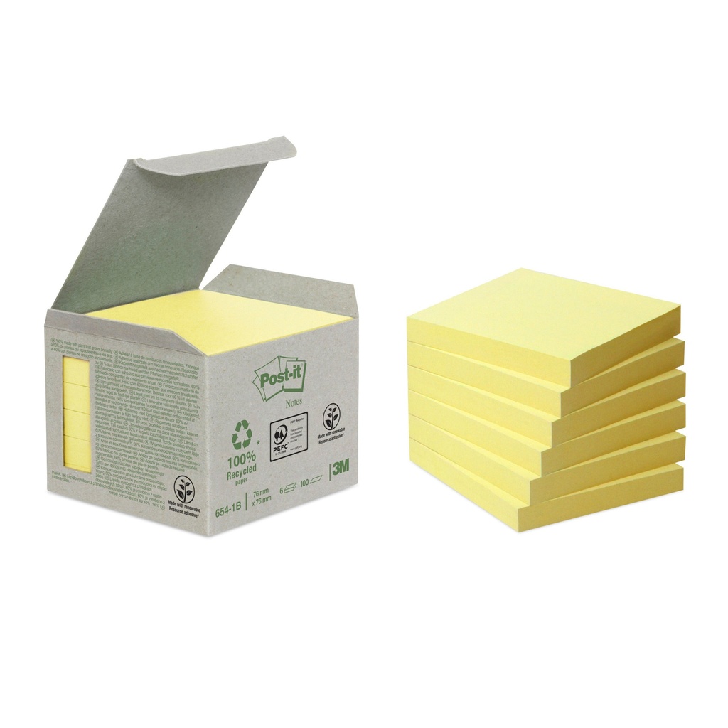 [654-1B] Memoblok Post-it 654-1B 76x76mm recycled geel