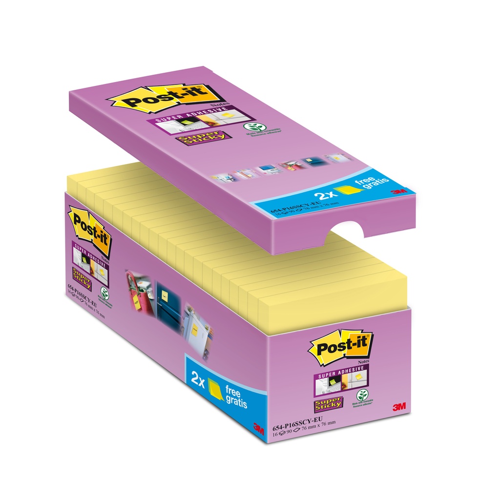 [70005198323] Memoblok Post-it 654 Super Sticky 76x76mm gl 14+2