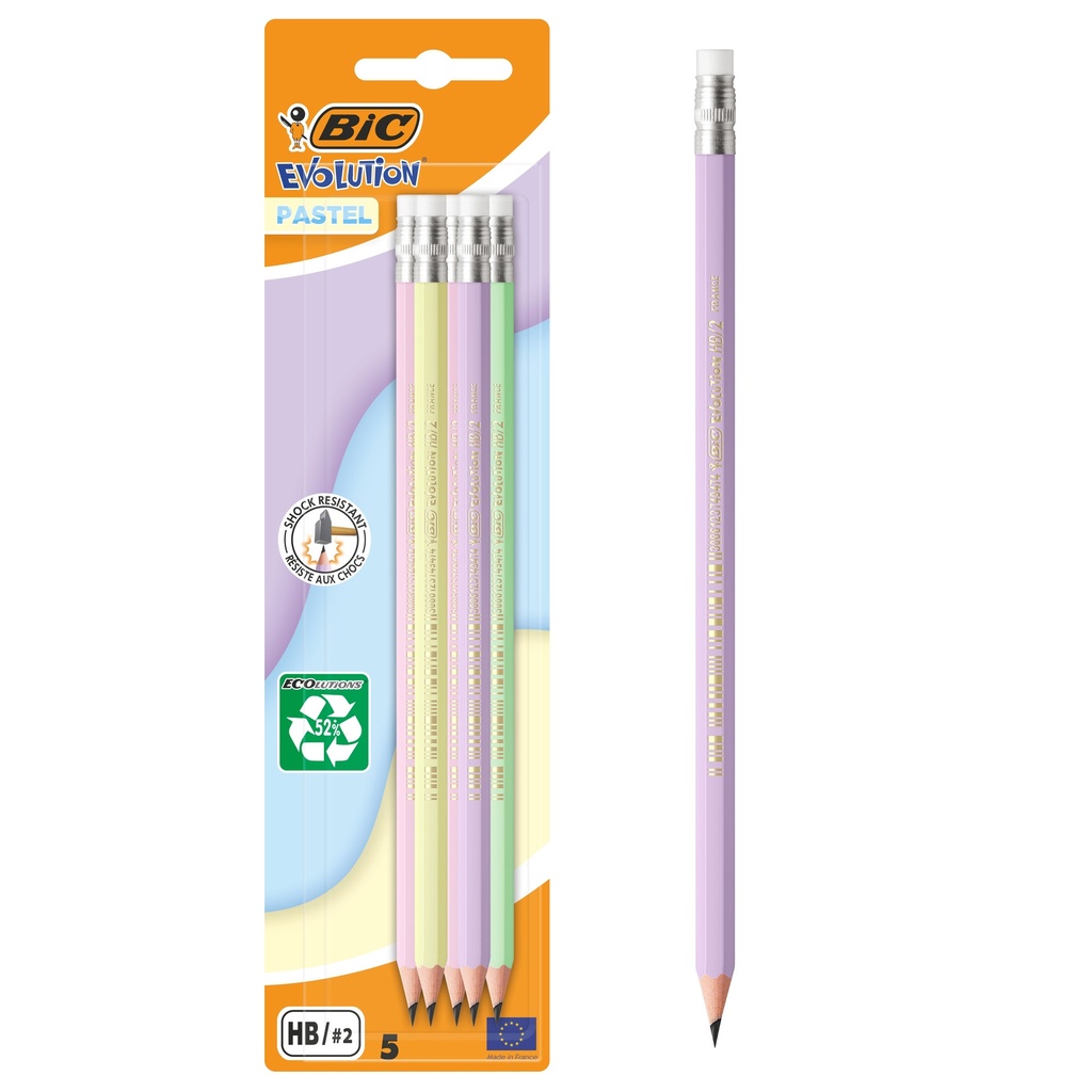 [518986] Potlood Bic HB met gom pastel assorti blister 5st