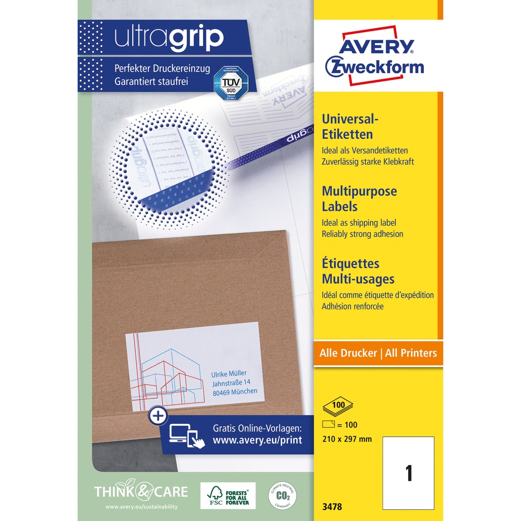 [816989] Etiket Avery 3478 210x297mm A4 wit 100st