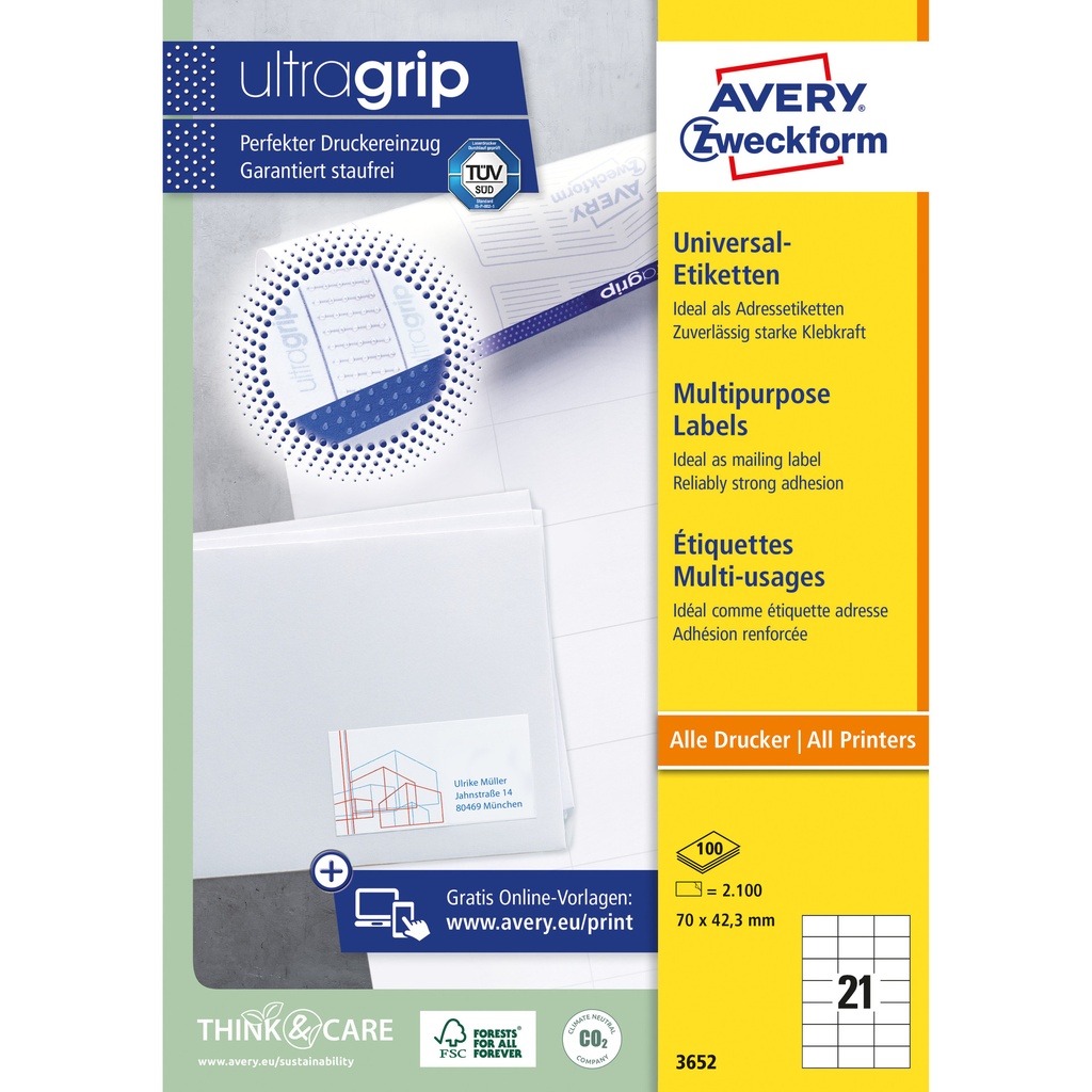 [816992] Etiket Avery 3652 70x42.3mm wit 2100st