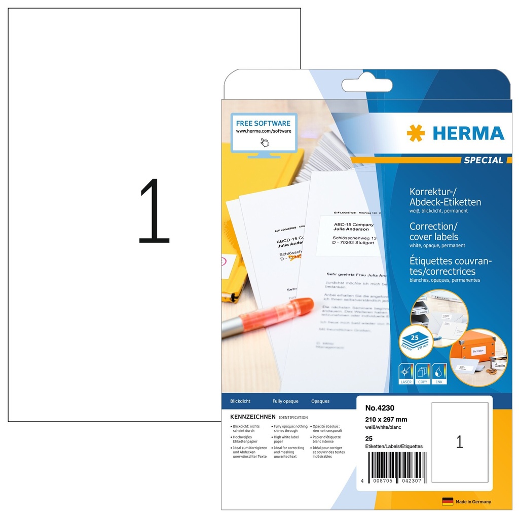 [817104] Etiket HERMA 4230 210x297mm A4 correctie wit 25st