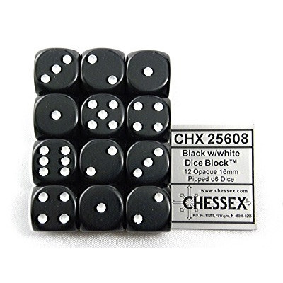[CHX-25608] Dobbelsteen Chessex Black/white D6 set à 12 stuks