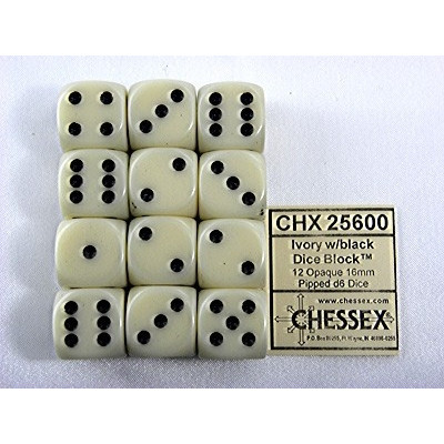 [CHX-25600] Dobbelsteen Chessex Ivory/black D6 set à 12 stuks