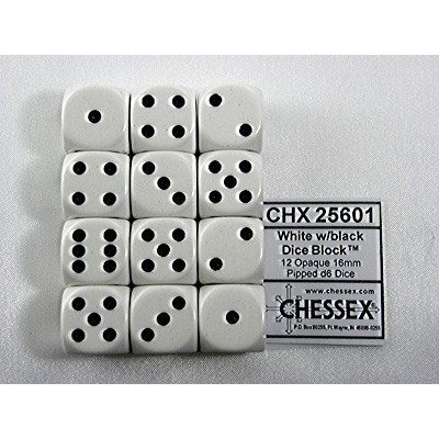 [CHX-25601] Dobbelsteen Chessex White/black D6 set à 12 stuks