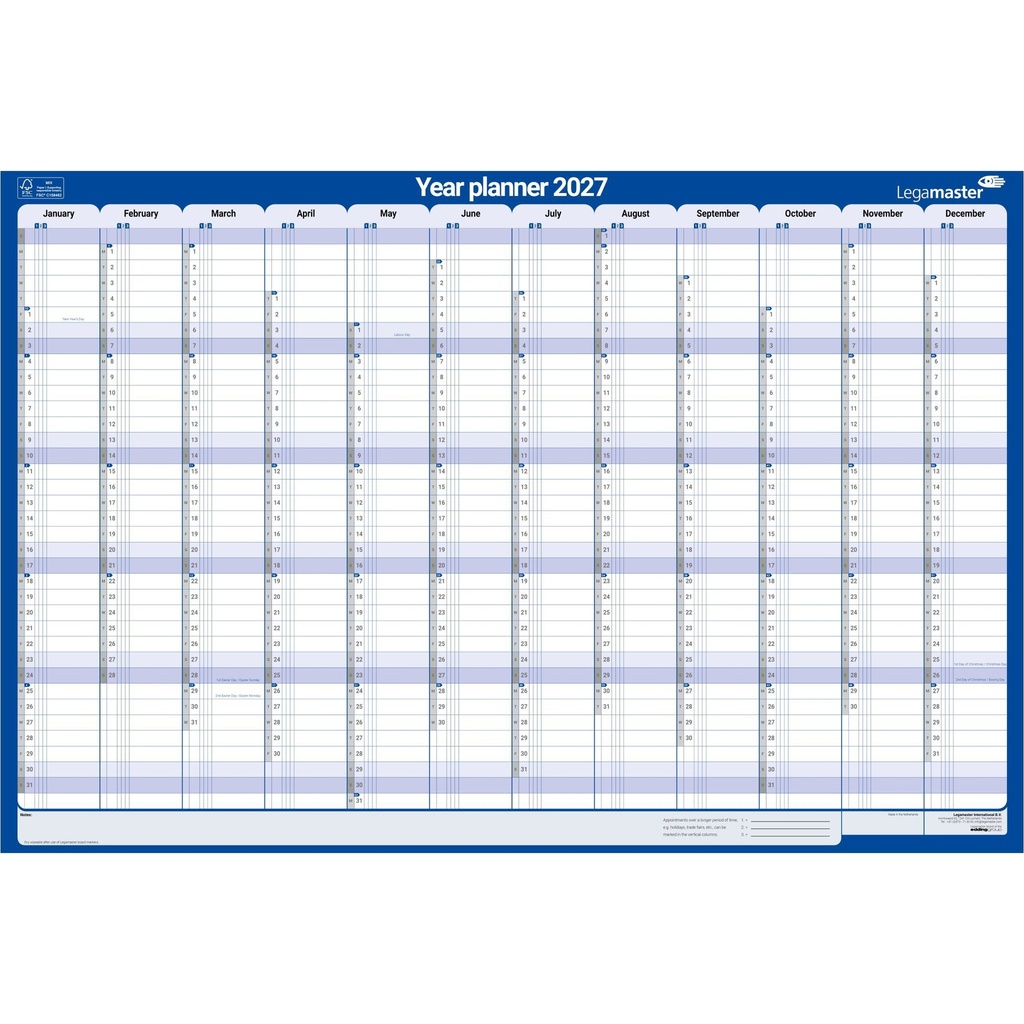 Jaarplanner 2027 LM 1 persoon 90x60cm horizontaal