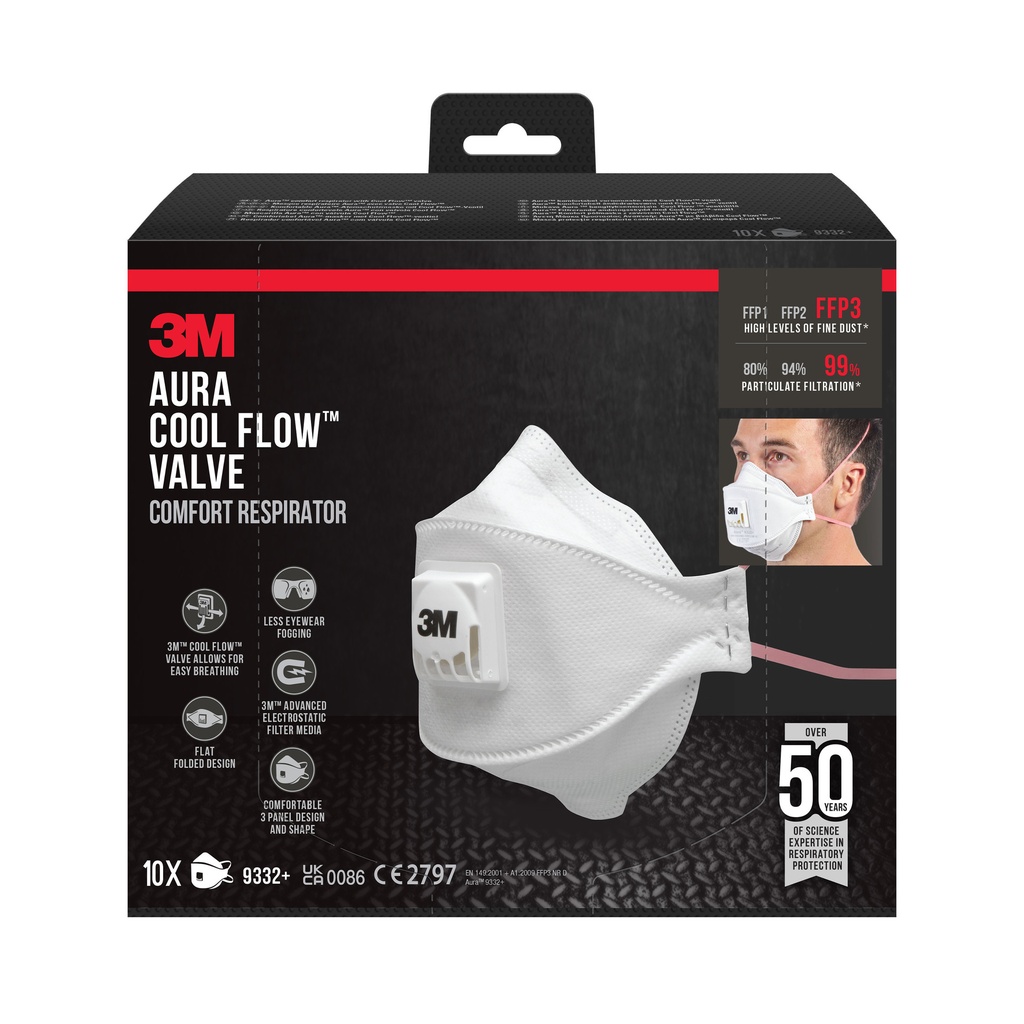 [7100140880] Stofmasker 3M Aura Comfort Cool Flow 9332 FFP3 10s