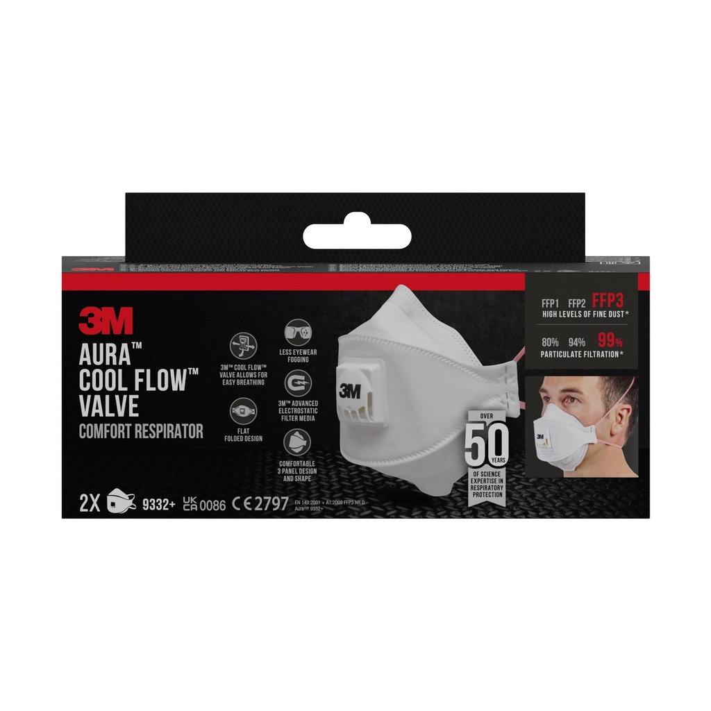 [7100329376] Stofmasker 3M Aura Comfort Cool Flow 9332 FFP3 2s