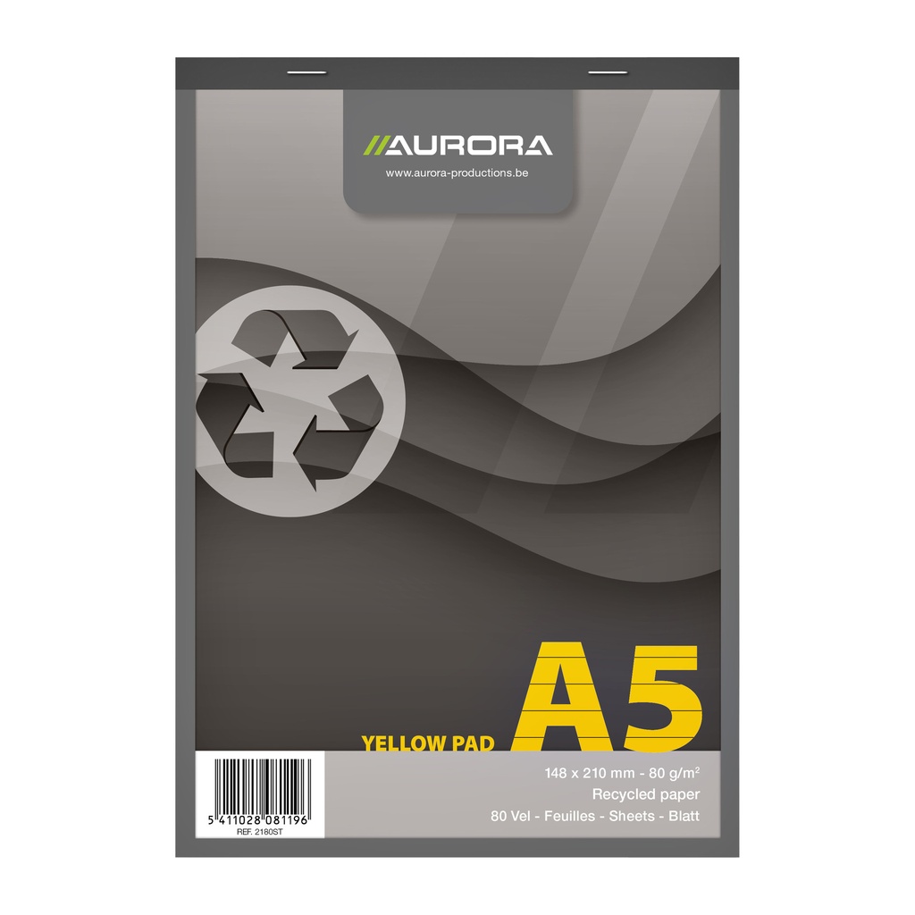 Schrijfblok Aurora A5 lijn 80vel 80gr geel