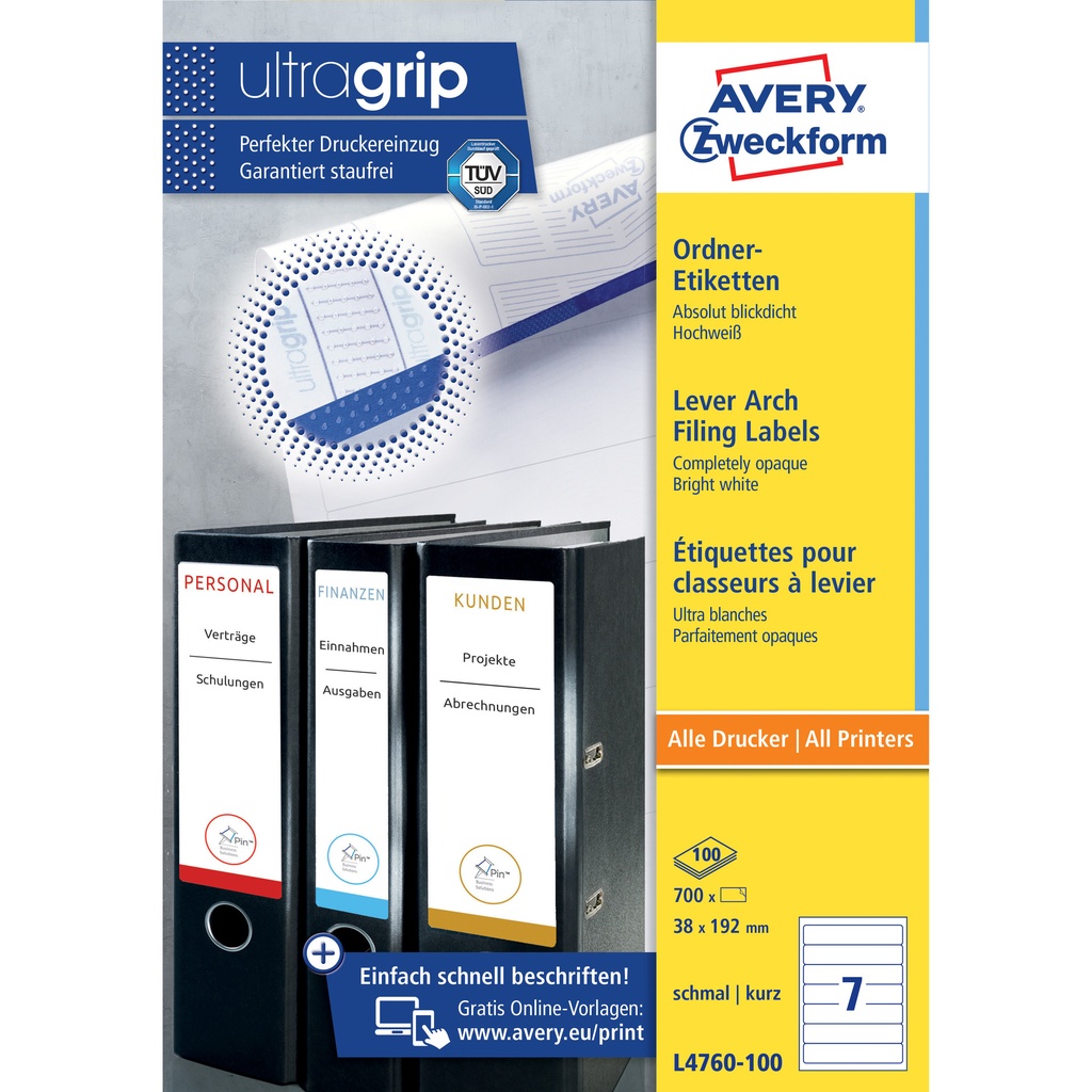 [L4760-100] Rugetiket Avery smal 38x192mm zelfklevend wit