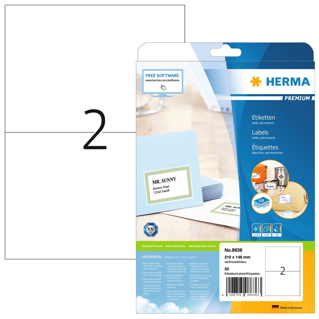 [8636] Etiket HERMA 8636 210x148mm A4 premium wit 20st