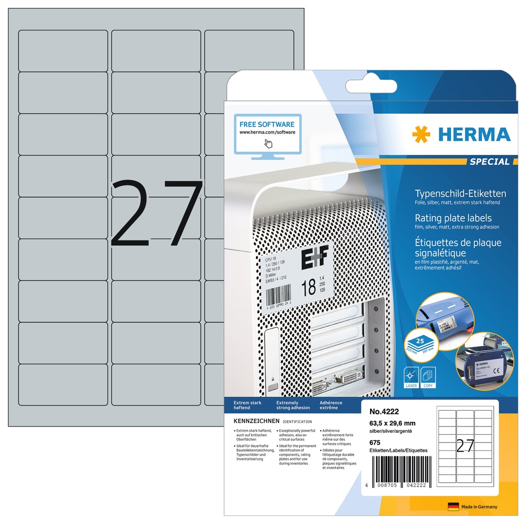 [4222] Etiket HERMA 4222 63.5x29.6mm folie zi 675st