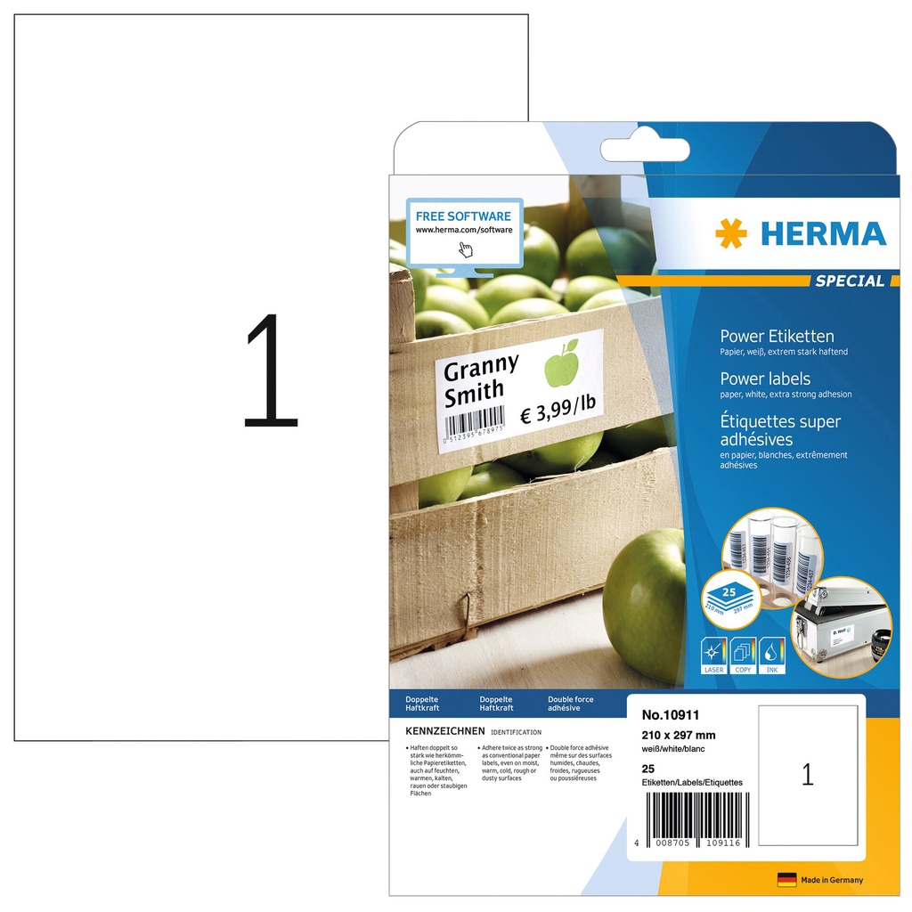 [10911] Etiket HERMA Power 10911 210x297mm wit 25st
