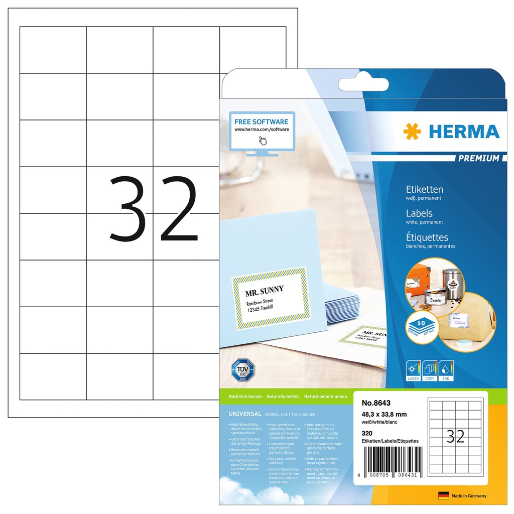 [8643] Etiket HERMA 8643 48.3x33.8mm premium wit 320st