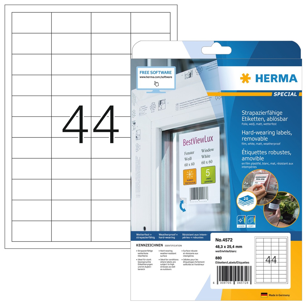 [4572] Etiket HERMA 4572 48.3x25.4mm folie wit 880st