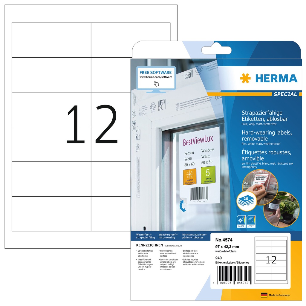 [4574] Etiket HERMA 4574 97x42.3mm folie wit 240st