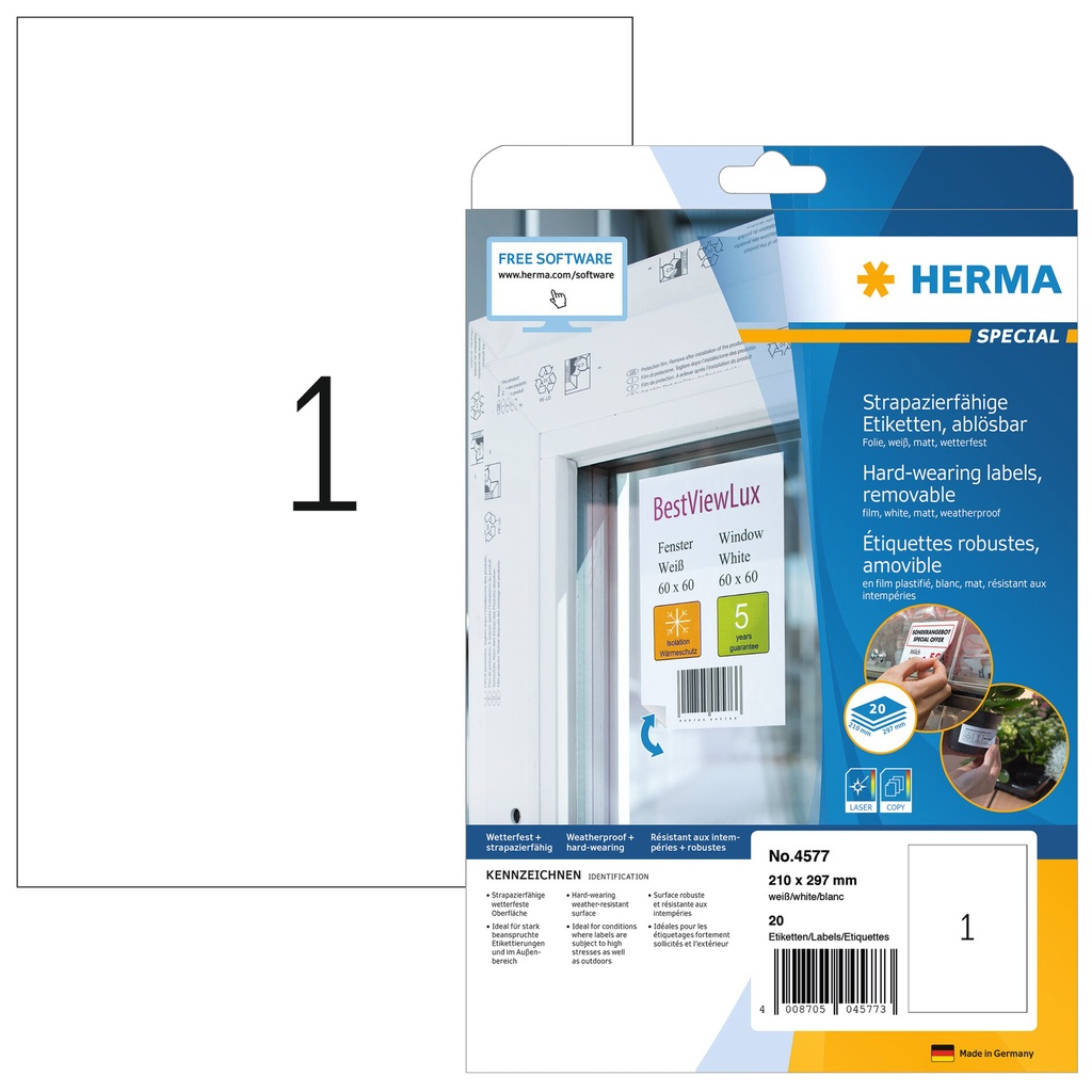 [4577] Etiket HERMA 4577 210x297mm A4 folie wit 20st