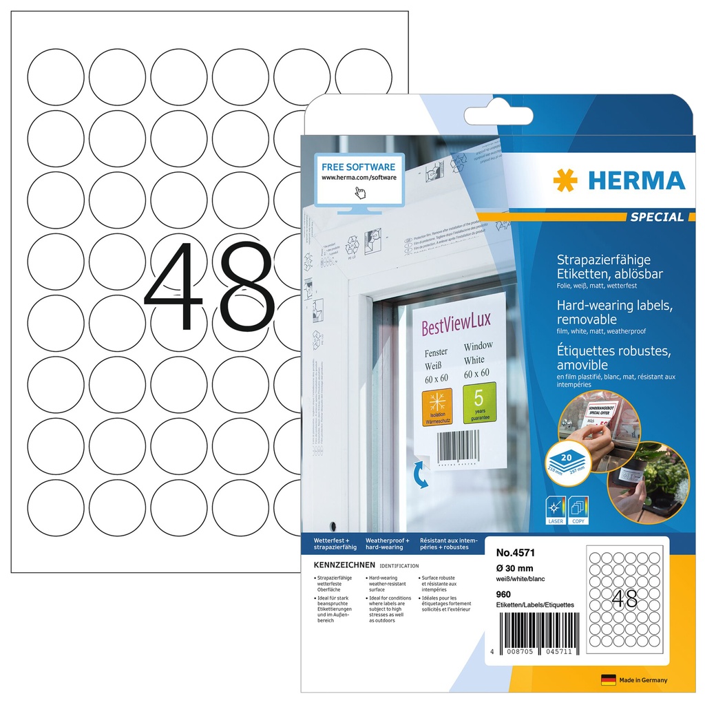 [4571] Etiket HERMA 4571 30mm rond folie wit 960st