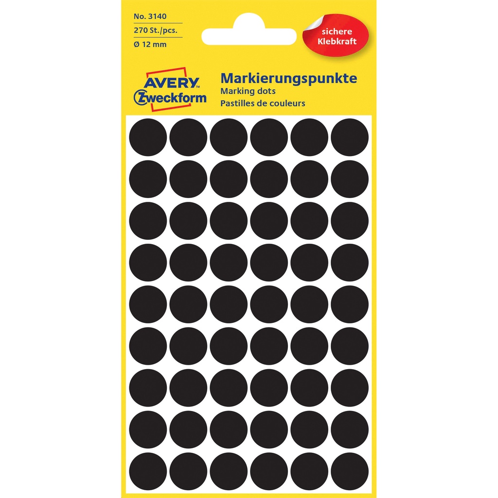 [3140] Etiket Avery 3140 rond 12mm zwart 270st