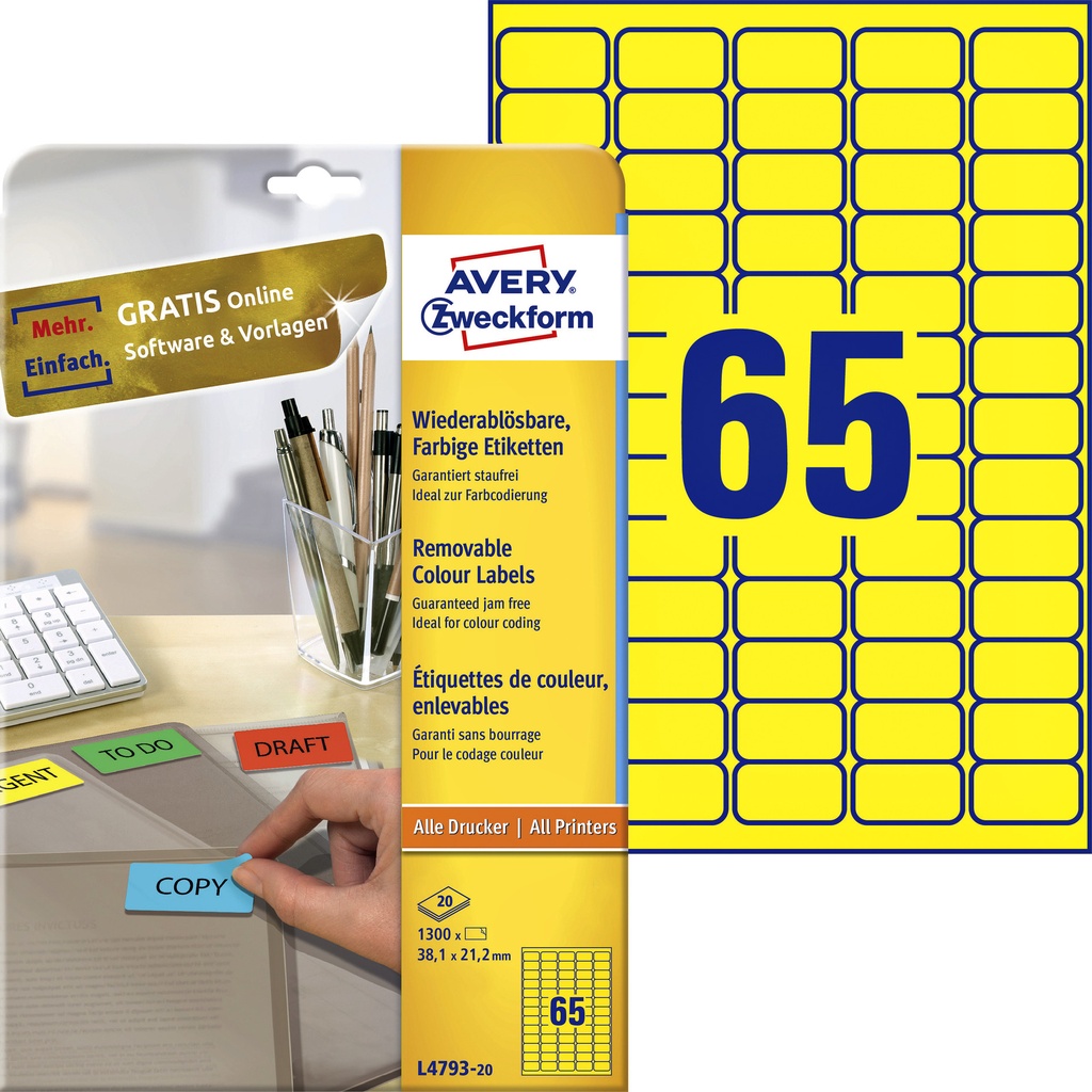 [L4793-20] Etiket Avery L4793-20 38.1x21.2mm geel 1300st