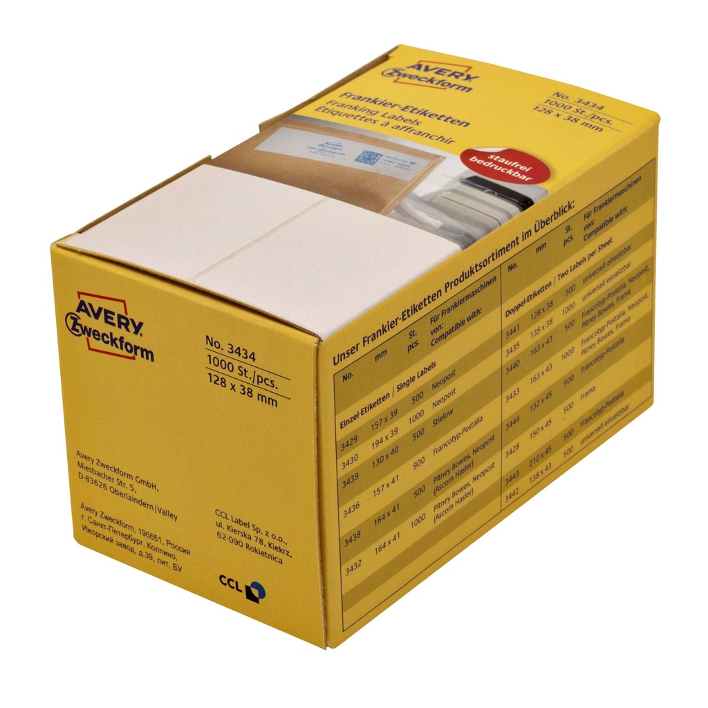 Frankeeretiket Avery 3434 128 x38mm 1000st