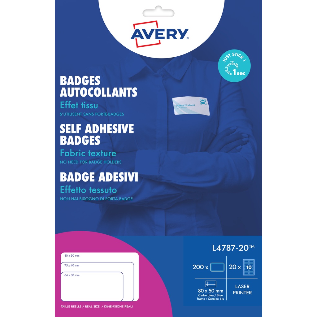 [L4787-20] Naambadge etiket Avery L4787-20 80x50mm 200st bl