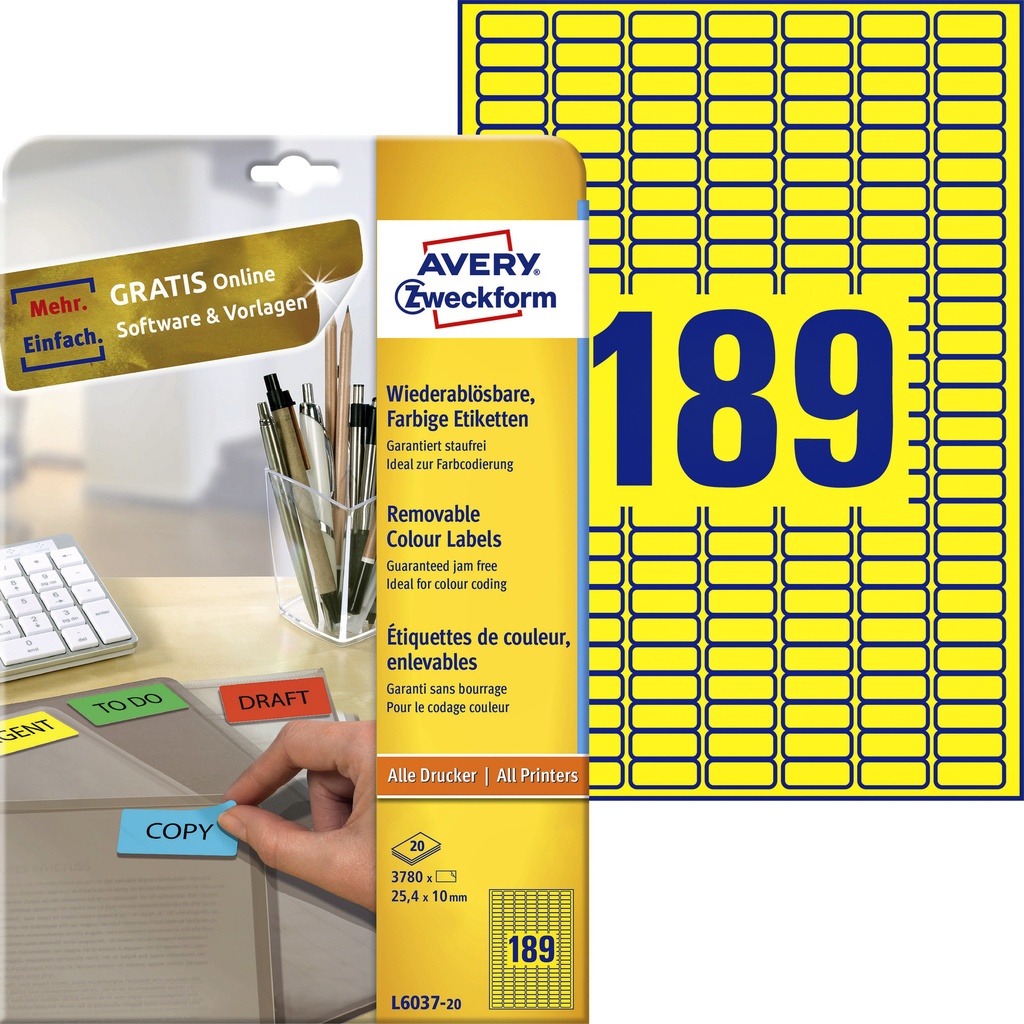 [L6037-20] Etiket Avery L6037-20 25.4x10mm geel 3780st