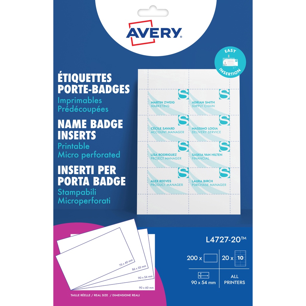 [L4727-20] Badgekaart Avery L4727-20 54x90mm perf 20vel
