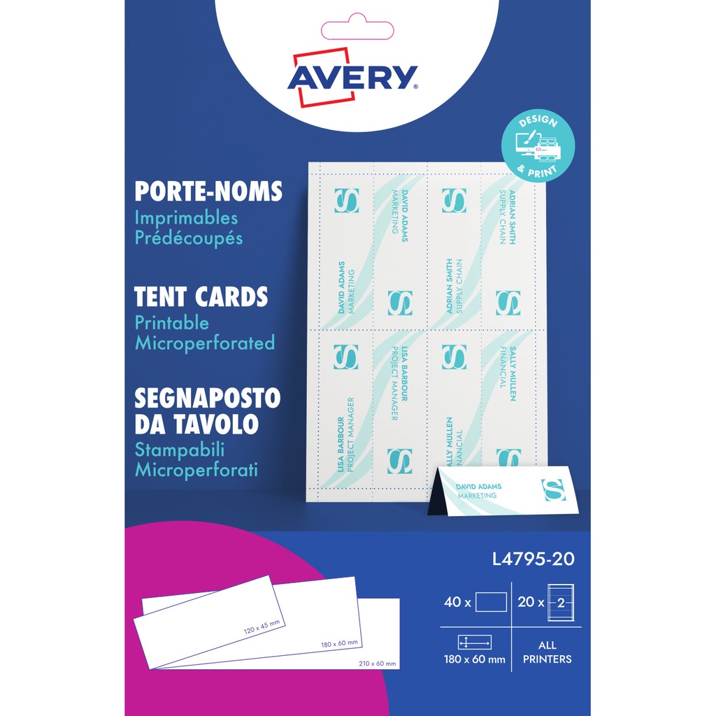 [L4795-20] Tentkaart Avery L4795-20 180x60mm wit 40st