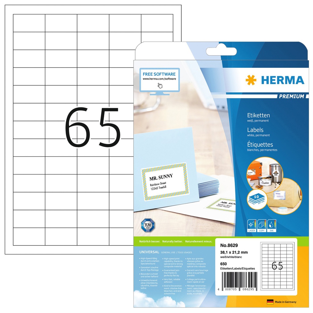 [8629] Etiket HERMA 8629 38.1x21.2mm premium wit 650st