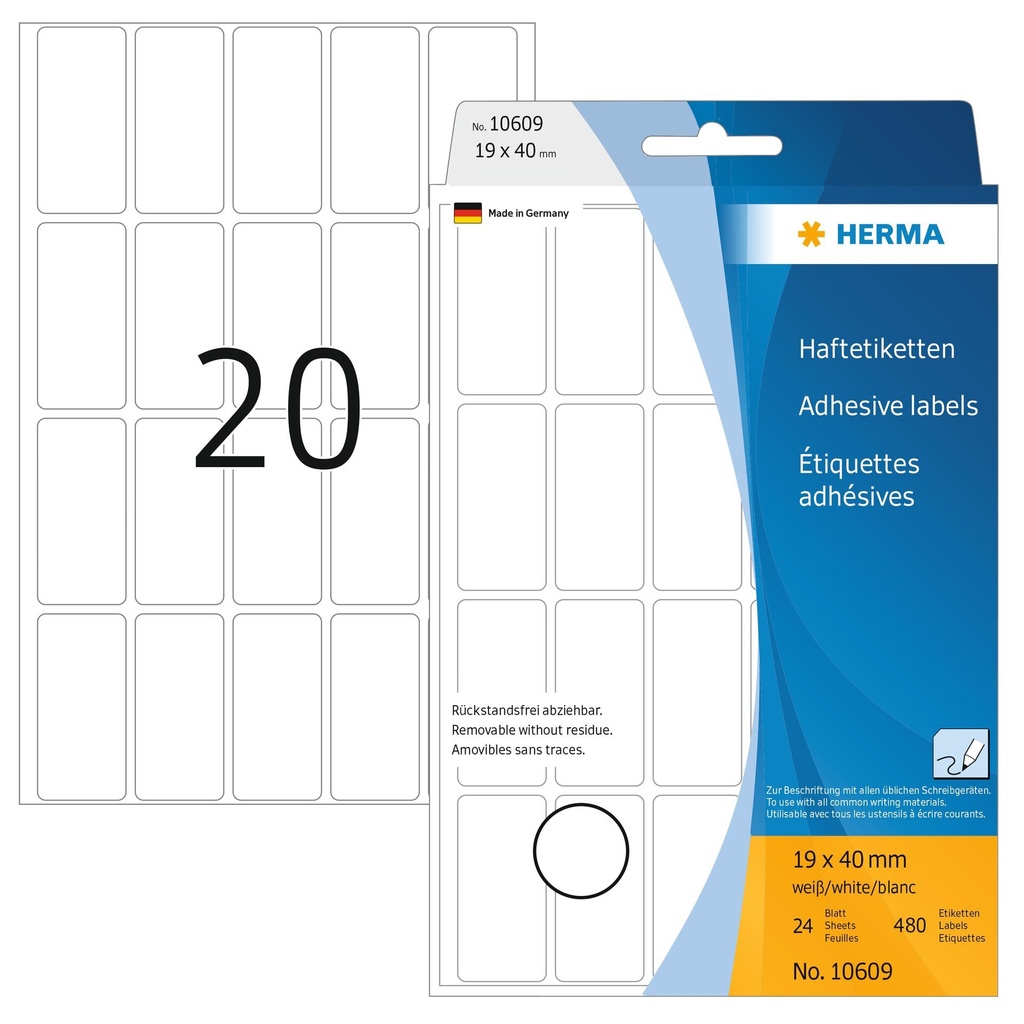 [10609] Etiket HERMA 10609 19x40mm verwijderbaar wit 480st