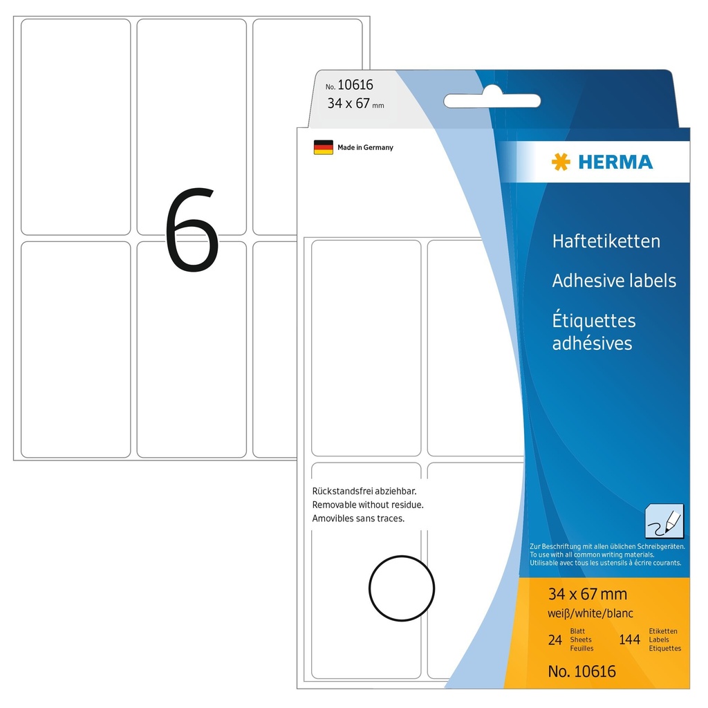 [10616] Etiket HERMA 10616 34x67mm verwijderbaar wit 144st