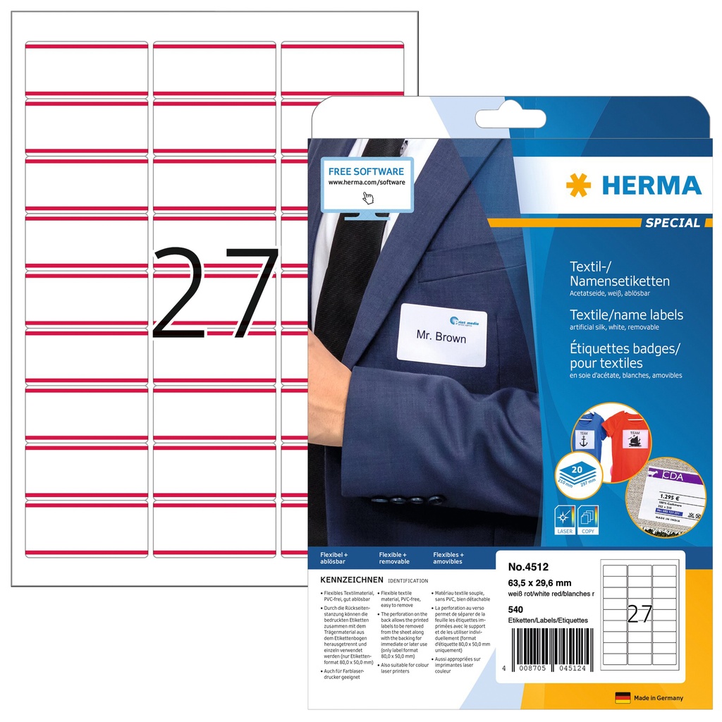 [4512] Naambadge etiket HERMA 4512 63.5x29.6mm wit rood