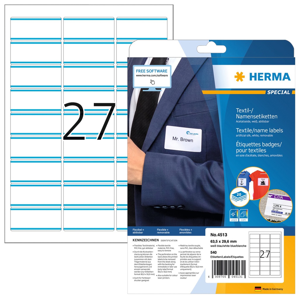 [4513] Naambadge etiket HERMA 4513 63.5x29.6mm wit blauw