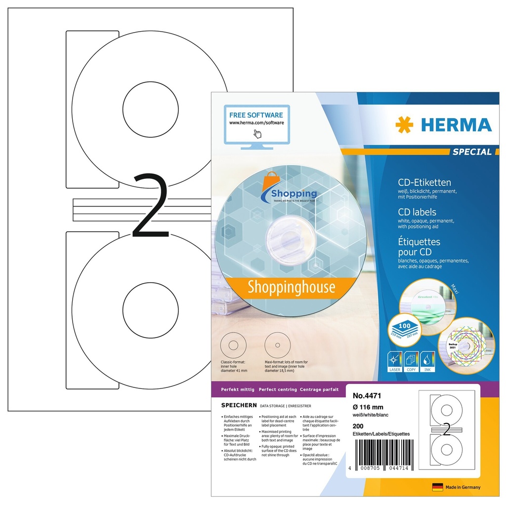 [4471] Etiket HERMA 4471 CD 116mm wit opaqua 200st