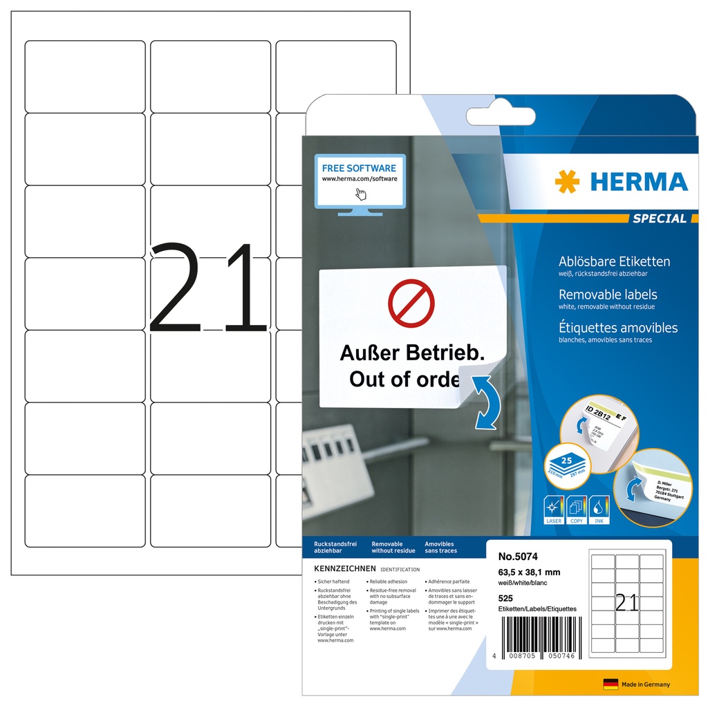 [5074] Etiket HERMA 5074 63.5x38.1mm verwijderb wit 525st